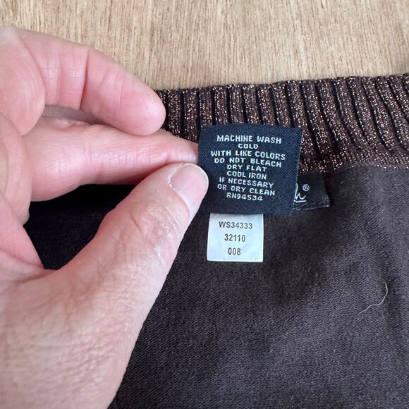 Willi Smith Brown Silk Blend Top XL Metallic Trim 3/4 Sleeve Shimmer Knit - Picture 4 of 4